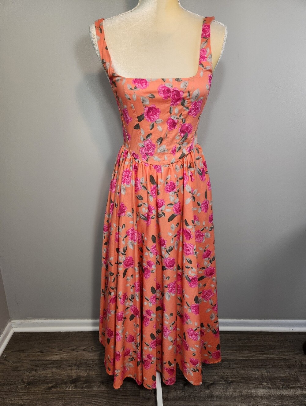 Wayf Corset Midi Dress Orange And Pink Floral Pockets Size XS